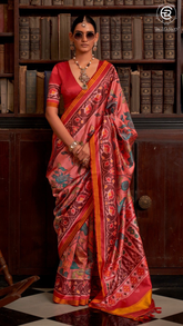 Peach Red & Yellow Kalamkari Patola Saree