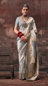 Grey & White Rangkat Zari Weaved Banarasi Silk Saree