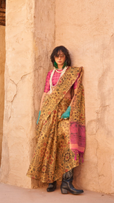 Mustard Yellow Floral Printed Handloom Zari Weaving Tissue Silk Saree