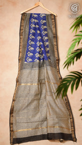 Navy Blue & Beige Handblocked Maheshwari Cotton Silk Saree