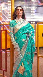 Turquoise Green Patterned Zari Weaved Banarasi Silk Saree