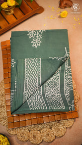 Sage Green & Beige Floral Handblocked Pure Mul Cotton Saree