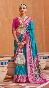 Blue and Pink Ikat Patola Contemporary Banarasi Crepe Silk Saree ERA06PBL