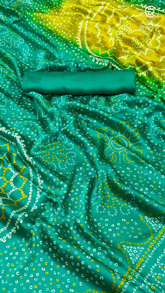 Green Yellow Ajrakh Bandhini Satin Modal Silk Saree