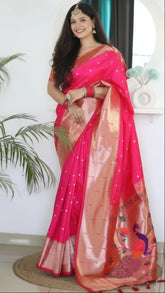 Bright Pink Triple Muniya Peacock Paithani Soft Silk Sarees