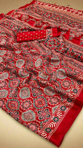 Red Floral Ajrakh Modal Satin Silk Saree