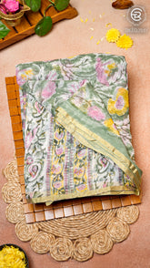 Sage Green and Yellow Floral Handblocked Pure Double Chiffon Sarees