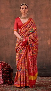 Yellow and Red Contemporary Patola Crepe Banarasi Saree