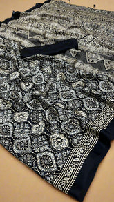 Black Floral Ajrakh Modal Satin Silk Saree ERA09