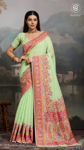 Pista Green & Multi Color Floral Pure Kashmiri Cotton Saree