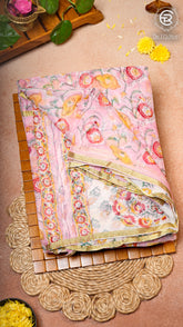 Baby Pink and Red Yellow Floral Handblocked Pure Double Chiffon Sarees
