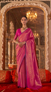 Pink and Gold Handloom Zari Weaving Kanchi Soft Silk Saree