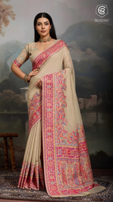 Beige & Multi Color Floral Pure Kashmiri Cotton Saree