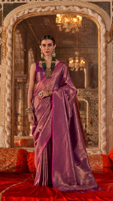 Purple and Gold Handloom Zari Weaving Kanchi Soft Silk Saree