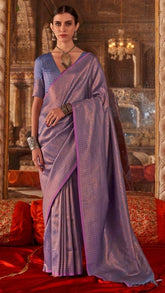 Lavender and Gold Handloom Zari Weaving Kanchi Soft Silk Saree