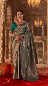 Green and Gold Handloom Zari Weaving Kanchi Soft Silk Saree