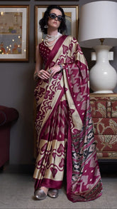 Beige and Pink Contemporary Ajrakh Satin Crepe Silk Saree