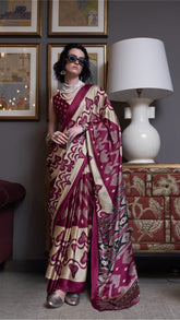 Beige and Pink Contemporary Ajrakh Satin Crepe Silk Saree