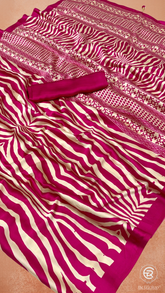 Pink & Beige Zebra Pattern Satin Modal Silk Saree