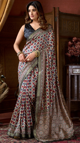White Contemporary Printed Tussar Silk Saree