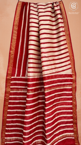 White & Red Line Patterned Handblocked Pure Maheshwari Cotton Sarees