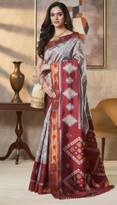 Grey and Maroon Pochampally Ikat Soft Silk Saree