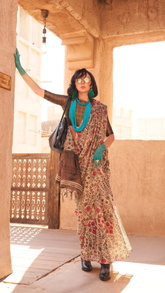 Peach White Floral Printed Handloom Zari Weaving Tissue Silk Saree