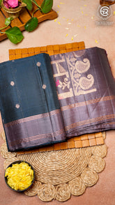 Deep Peacock Blue and Mauve Grey Handloom Pure Kanchipuram Silk Saree (Silk Mark Certified)