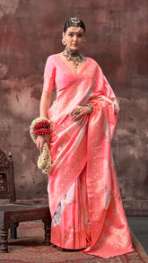 Peach & White Rangkat Zari Weaved Banarasi Silk Saree