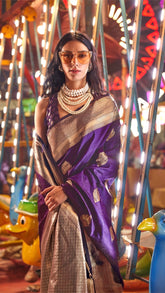Deep Violet Patterned Zari Weaved Banarasi Silk Saree