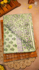 Pista Green Floral Handblocked Pure Mul Cotton Saree