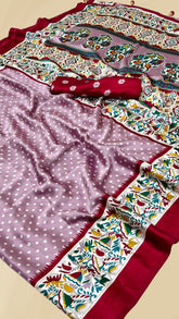 Onion Pink Bandhini Floral Ajrakh Gajji Silk Saree