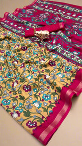 Yellow Kalamkari Cotton Silk Saree