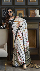 Retro Styled White and Black Polka Dots Ajrakh Satin Crepe Silk Saree