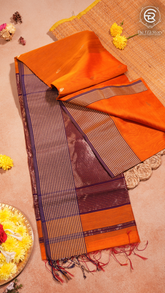 Turmeric Orange and Maroon Handloom Zari Pure Maheshwari Silk Saree