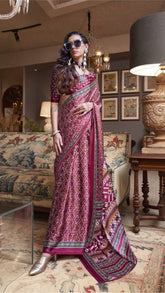Dark Pink Contemporary Ajrakh Satin Crepe Silk Saree