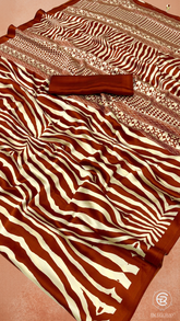 Maroon Yellow & Beige Zebra Pattern Satin Modal Silk Saree