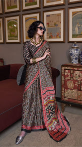 Black and Red Contemporary Ajrakh Satin Crepe Silk Saree