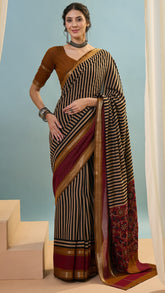 Black Beige & Red Line Striped Gap Border Soft Cotton Saree