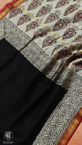 Black & Beige Cone Pattern Handblocked Pure Maheshwari Cotton Sarees