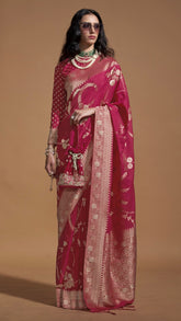 Dark Pink and Gold Floral Handloom Weaving Pure Georgette Silk Saree