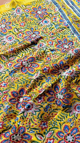 Yellow & Blue Floral Handblocked Pure Maheshwari Cotton Sarees