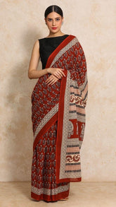 Brown Black & White Mulmul Cotton Saree