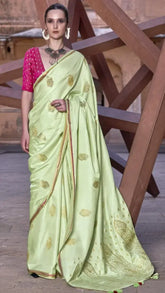 Tea Green Soft Satin Banarasi Saree