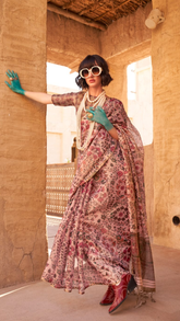 Pink Floral Printed Handloom Zari Weaving Tissue Silk Saree