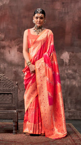 Orange & Crimson Red Rangkat Zari Weaved Banarasi Silk Saree