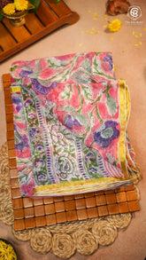 Pink & Blue Yellow Floral Handblocked Pure Double Chiffon Saree