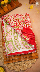 Red & Pink Vine Floral Handblocked Pure Georgette Saree