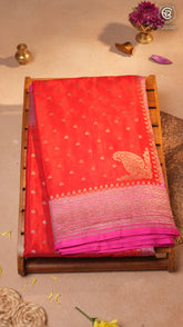 Crimson Red & Baby Pink Pure Crepe Chiffon Banarasi Silk Saree