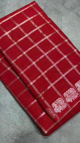 Red Silver Checkered Peacock Sungadi Pure Cotton Saree